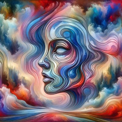 The primary subject of the image is a woman's face, which is the main focus of the artwork. The setting is a colorful, abstract background that complements the face. The visual style is a combination of digital art and illustration, creating a unique and vibrant appearance. The colors and mood of the image are lively and energetic, with a mix of reds, blues, and purples that evoke a sense of movement and dynamism.